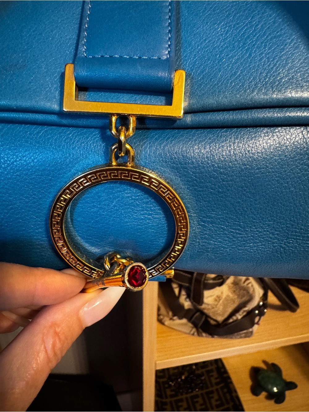 RARE Vintage Gianni Versace Blue Leather Greca Jewel Shoulder Bag – 1990 - Picture 11 of 12